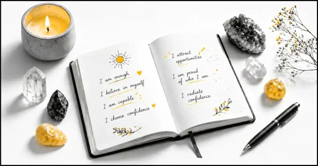 IMAGE IDEA 5: Open journal with handwritten confidence affirmations next to crystals and a candle | ALT: 'affirmations for self-confidence journal spiritual healing practice manifestation'