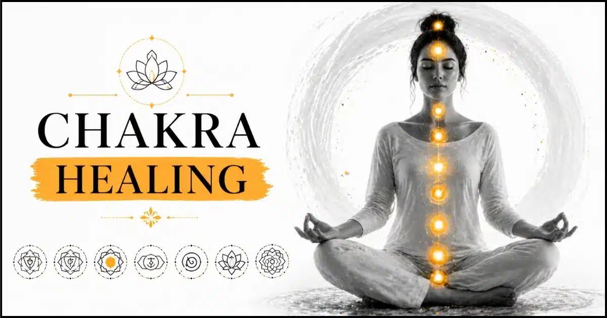 Woman practicing chakra healing meditation with seven energy centers visualized along the spine"