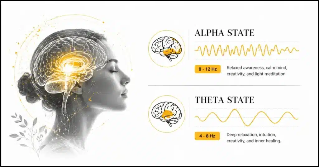 Brainwave entrainment diagram showing effects of 528 hz frequency on brain states