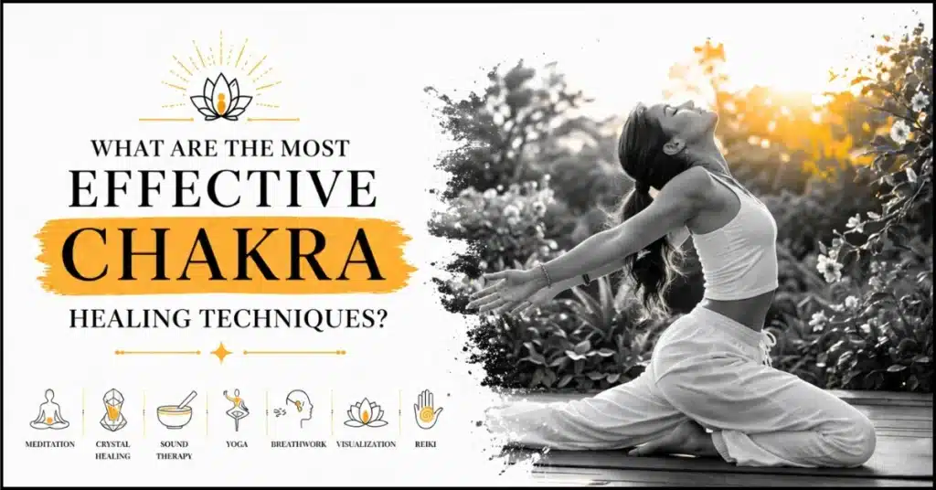 Woman practicing heart chakra yoga pose in nature for energy healing and spiritual balance"