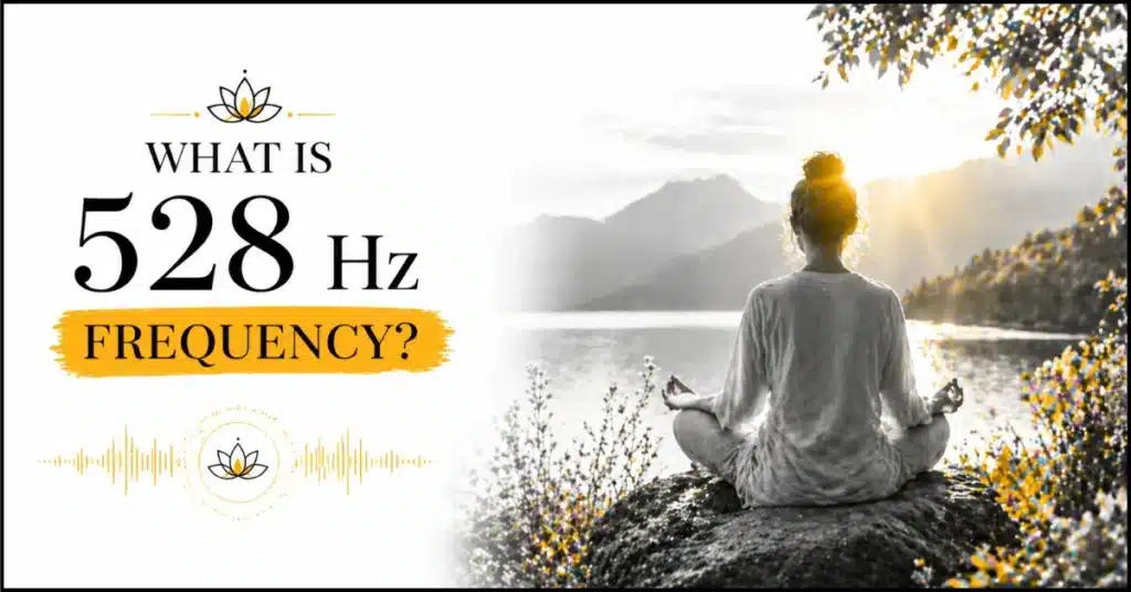 Woman meditating in nature listening to 528 hz frequency for spiritual healing