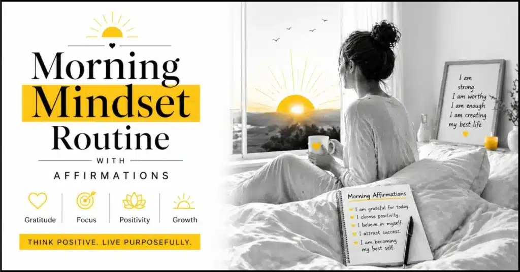 morning mindset routine with affirmations at sunrise bedroom scene