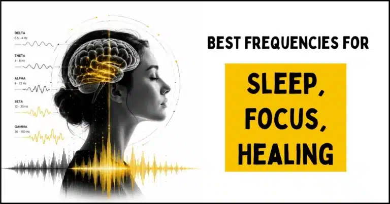 Best frequencies for sleep and focus shown as colorful brain wave patterns.