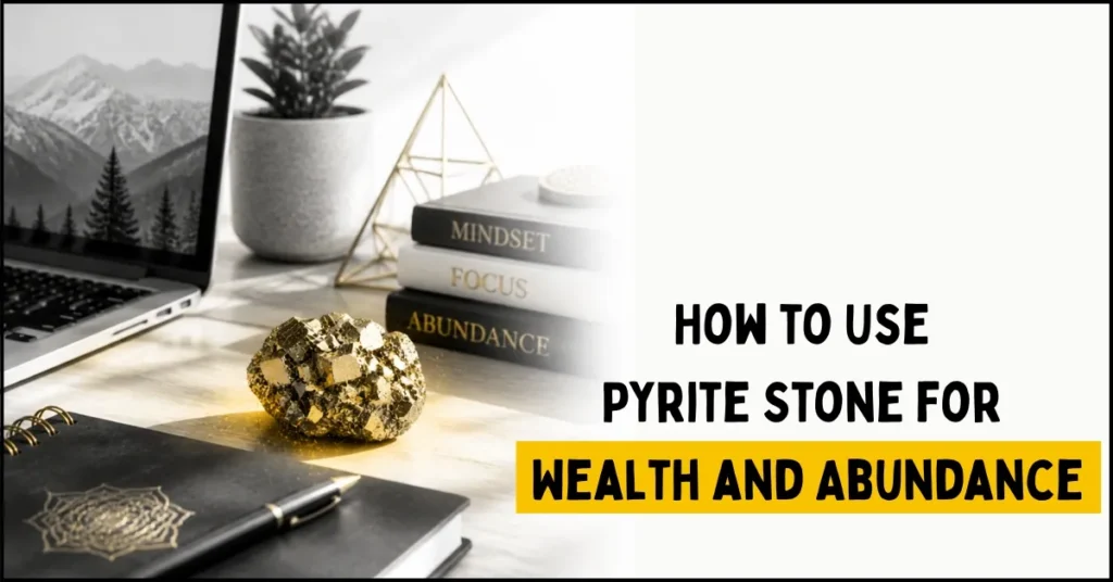 Pyrite crystal on work desk for focus, confidence, and manifestation