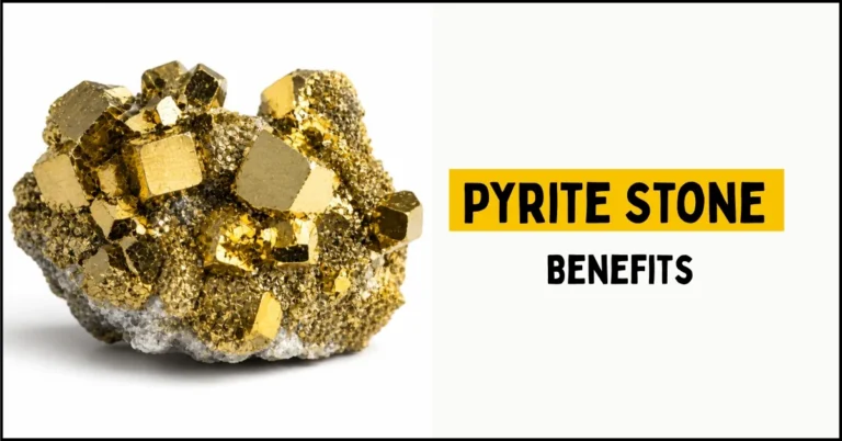 Pyrite Stone Spiritual Meaning Benefits, Properties & Uses for Wealth and Healing: Raw pyrite stone cluster showing golden metallic luster and cubic crystal structure