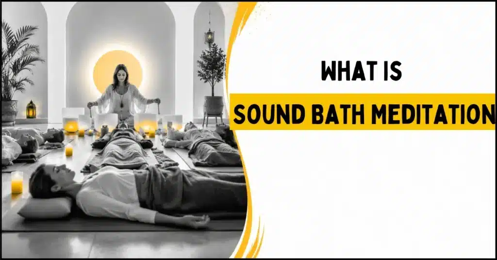 Group sound bath meditation class with participants lying on yoga mats"